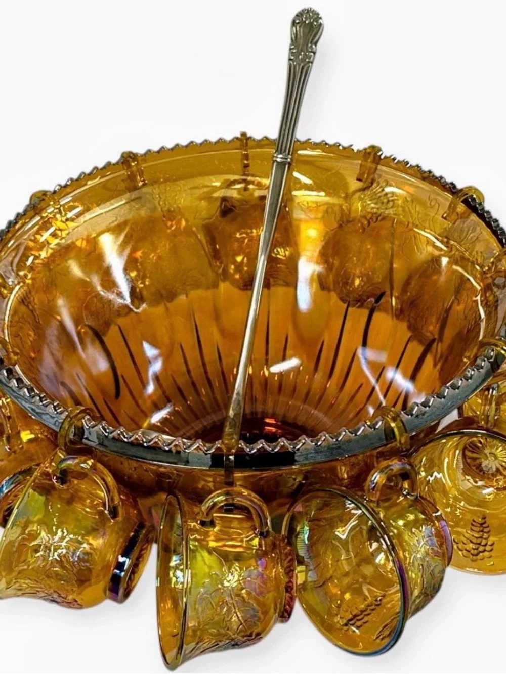 Vintage Indiana Glass Harvest Grape Marigold Carnival Punch Bowl Set 12 Cups